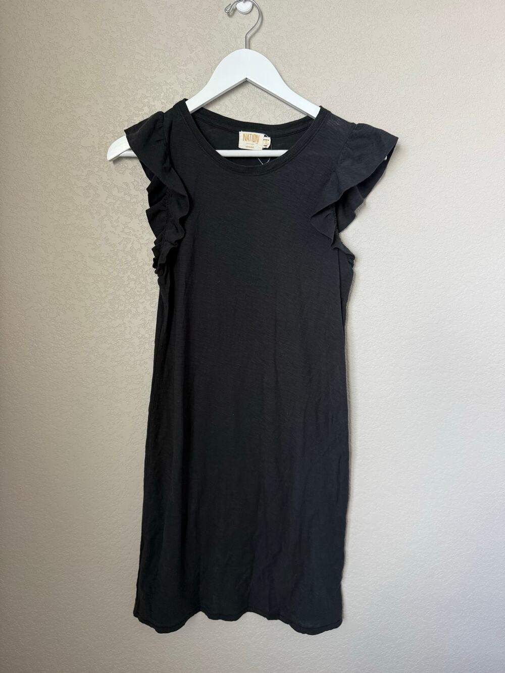 Nation LTD Black Ruffle Sleeve T-Shirt Dress Size Small Minimalist Quiet Luxury